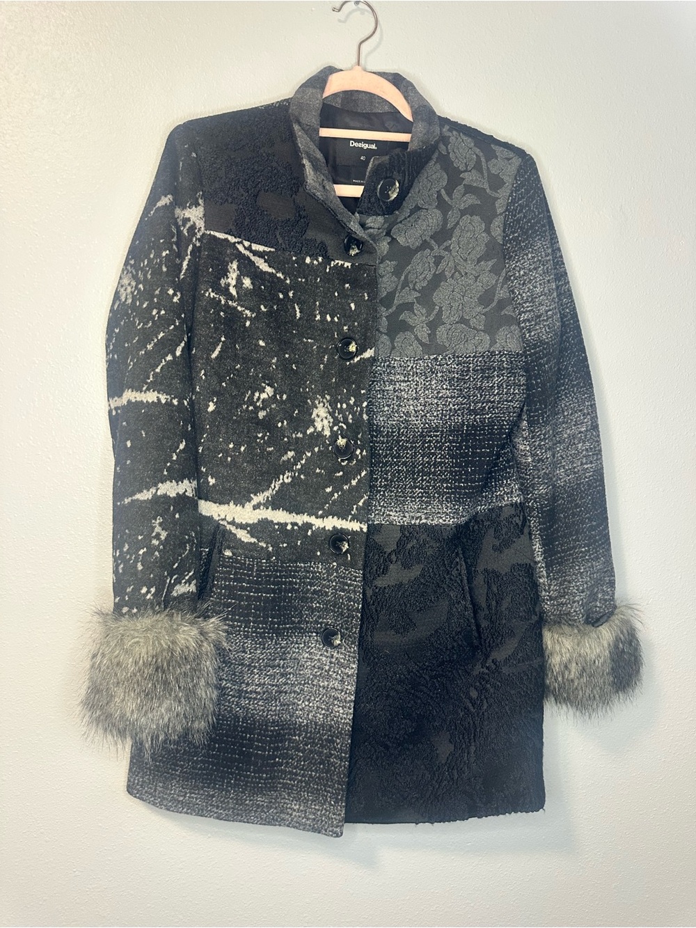Desigual Patchwork Coat Faux Fur Trim Black Grey Textured Jacquard